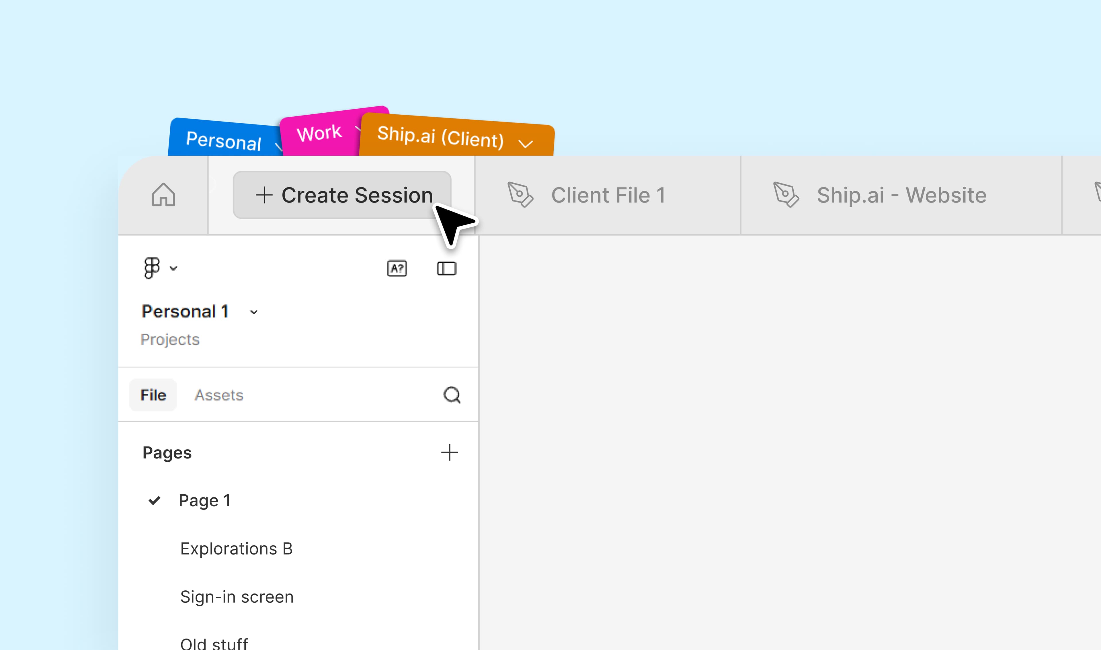 Figma file browser with the Create Session menu and session tabs