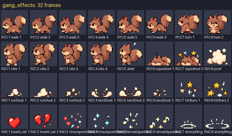 Squirrel walk, idle and squish frames, with dust, stars, hearts and sparkle effects