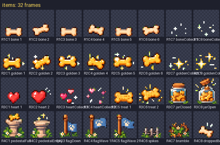 Bones, golden bones, hearts, treat jars, flags, spikes and brambles