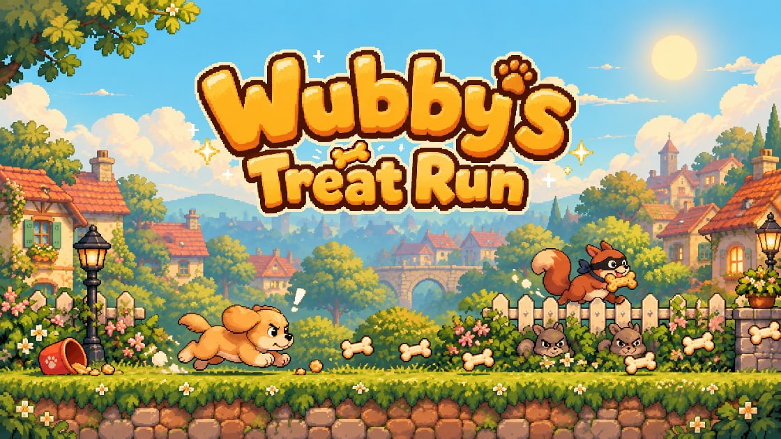Wubby's Treat Run: Wubby chasing a masked squirrel through a pixel-art neighbourhood